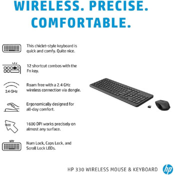 HP 330 Wireless Black Keyboard and Mouse Set with Numeric Keypad, 2.4GHz Wireless Connection and 1600 DPI, USB Receiver, LED Indicators, Black