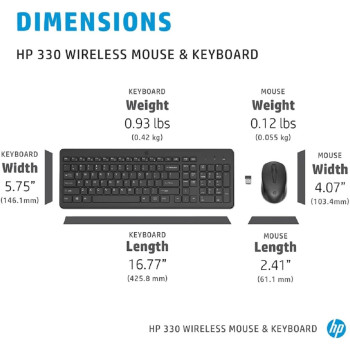HP 330 Wireless Black Keyboard and Mouse Set with Numeric Keypad, 2.4GHz Wireless Connection and 1600 DPI, USB Receiver, LED Indicators, Black