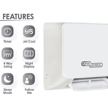 Super General 1.5 Ton Split Air Conditioner, 18000 Btu, Reciprocating Compressor, Auto Restart, Gold Fin, 4-Way Swing, SGS-191-HE, White, 104.5 X 30.5 X 40.5 Cm, 1 Year Warranty