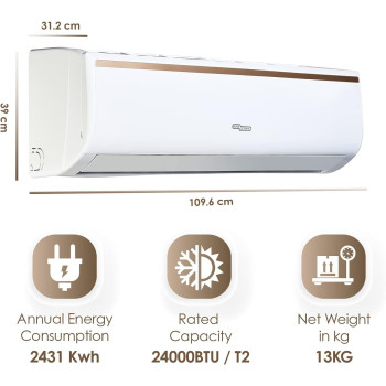 Super General 2 Ton Split Air Conditioner, 24000 BTU, Rotary Compressor, Auto Restart, Gold Fin, 4-Way Swing, SGS-249-KE, White, 109.6 X 39 X 31.2 Cm, 1 Year Warranty