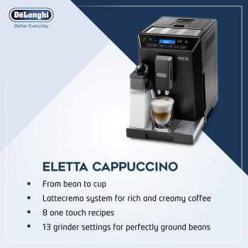 DeLonghi Eletta Fully Automatic Coffee Machine With Milk Frother 13 Adjustable Settings Integrated Coffee Grinder, E44.660.B, Black, 1 Year Warranty