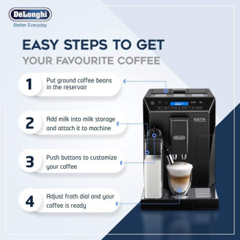DeLonghi Eletta Fully Automatic Coffee Machine With Milk Frother 13 Adjustable Settings Integrated Coffee Grinder, E44.660.B, Black, 1 Year Warranty