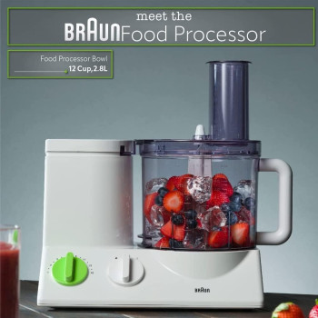 Braun Food Processor, 600 Watts, Ultra Quiet Powerful Motor, 15 Speed Settings, 2L Capacity, Dough Tool, Mini Chopper, Includes 7 Attachment Blades And Chopper/Citrus Juicer FP 3020, White, 1 Year Warranty