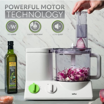 Braun Food Processor, 600 Watts, Ultra Quiet Powerful Motor, 15 Speed Settings, 2L Capacity, Dough Tool, Mini Chopper, Includes 7 Attachment Blades And Chopper/Citrus Juicer FP 3020, White, 1 Year Warranty