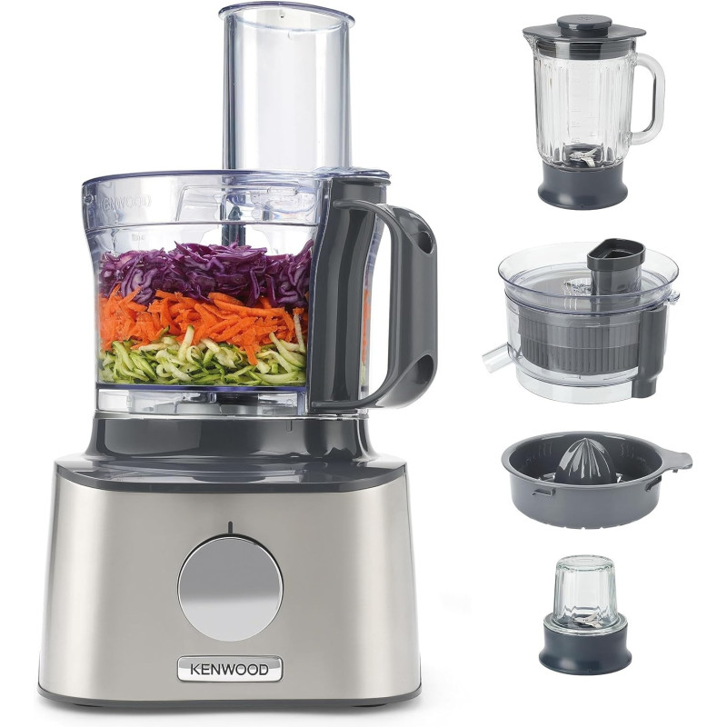 Kenwood Food Processor 800W Multi-Functional With 3 Stainless Steel Disks, Glass Blender, Glass Mill, Juicer Extractror, Dual Metal Whisk, Dough Maker, Citrus Juicer, FDM307SS, Silver, 1 Year Warranty