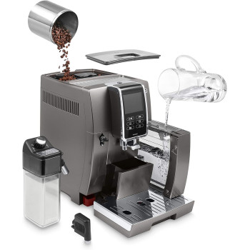 DeLonghi Dinamica Plus Bean To Cup Fully Automatic Coffee Machine With Built In Grinder, Americano, Cappuccino, Latte, Macchiato And Espresso Maker For Home And Office, ECAM370.95.T, Titanium, 1 Year Warranty
