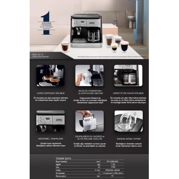 DeLonghi Combi Coffee Machine, Traditional Pump Espresso And Filter Coffee, 1.25 Liter, Bco431.S, Black And Stainless Steel, 1 Year Warranty