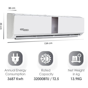 Super General 2.5 Ton Split Air Conditioner, 32000 Btu, Reciprocating Compressor, Auto Restart, Gold Fin, 4-Way Swing, SGS-320-HE, White, 134 X 45 X 38 CM, 1 Year Warranty