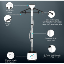 Nikai 2 Stages Garment Steamer 1800W 1.6 Liters, Adjustable Telescopic Poles, Dual Steam Levels Large Water Tank Up To 50 Minutes Steaming 45 Second Rapid Preheat, White, 1 Year Warranty