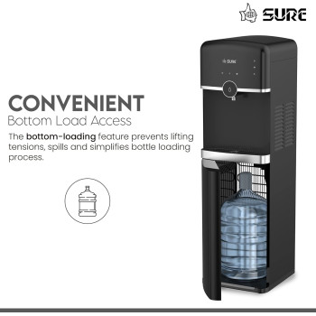 Sure Water Dispenser Bottom Loading, Hot Cold And Normal Temperature, Floor Standing, Best For Home Kitchen And Office, Touch Control/Automatic, Single Tap/Faucet, Black, 1 Year Warranty