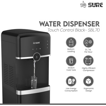 Sure Water Dispenser Bottom Loading, Hot Cold And Normal Temperature, Floor Standing, Best For Home Kitchen And Office, Touch Control/Automatic, Single Tap/Faucet, Black, 1 Year Warranty
