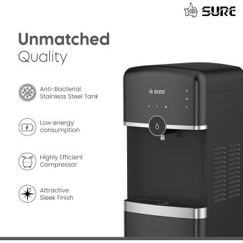 Sure Water Dispenser Bottom Loading, Hot Cold And Normal Temperature, Floor Standing, Best For Home Kitchen And Office, Touch Control/Automatic, Single Tap/Faucet, Black, 1 Year Warranty
