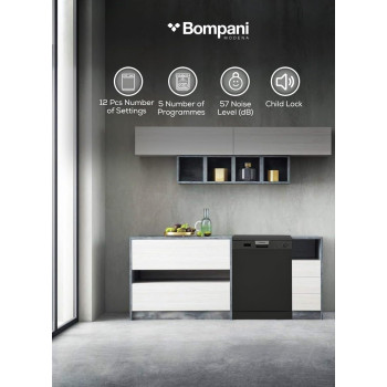 Bompani Free-Standing Dishwasher, 5 Programs, 12 Place Settings, Led Indicator, Stylish, Dark Black, BO5011, 1 Year Warranty