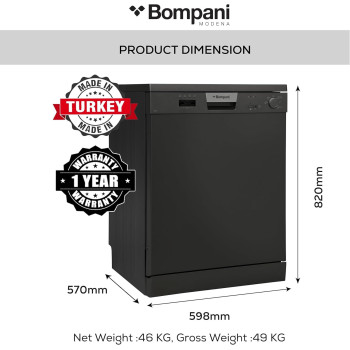 Bompani Free-Standing Dishwasher, 5 Programs, 12 Place Settings, Led Indicator, Stylish, Dark Black, BO5011, 1 Year Warranty