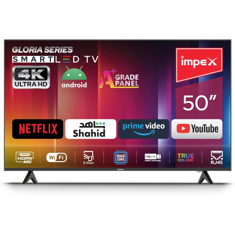 Impex 50 Inch UHD Smart LED TV - Android 9.0, Quad-Core Processor, A+ Grade Panel, 4K Ultra HD, E-Share, 2-Year Warranty - HDMI, USB, WiFi, Wall Mount, Super Slim, Smart Energy Saving - Gloria 50 Smart