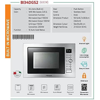 Bompani Built In Microwave 34 Liter With Grill And Conviction Function, Silver, B134DGS2, 1 Year Warranty