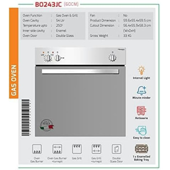 Bompani Gas Oven With Grill, Built In Type, 60 X 60Cm, Silver, BO243JC, 1 Year Warranty