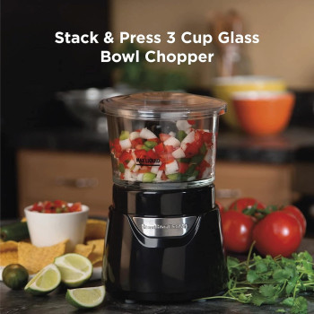 Hamilton Beach Stack And Press 700Ml Glass Bowl Chopper With Cord Storage, Food Processor And Vegetable Chopper, Stainless Steel Blade, 175 Watts, Black, 1 Year Warranty