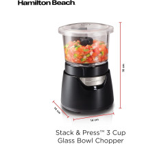 Hamilton Beach Stack And Press 700Ml Glass Bowl Chopper With Cord Storage, Food Processor And Vegetable Chopper, Stainless Steel Blade, 175 Watts, Black, 1 Year Warranty