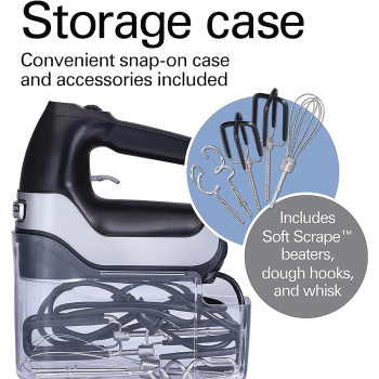 Hamilton Beach Professional 7-Speed Electric Hand Mixer With Digital Display, Quiet Dc Motor, Beater, Whisk, Dough Hook, Snap-On Storage Case, 200 Watts, Black, 1 Year Warranty