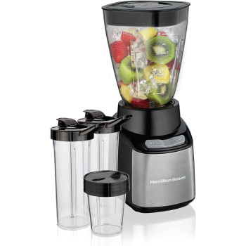 Hamilton Beach Stay Or Go Blender, 1L Jar, 250Ml Jar For Grinding, Two 500 Ml Portable Cups For Smoothies, Shatterproof Tritan Jars, 250 Watts, Stainless Steel, 52400-SAU, 1 Year Warranty