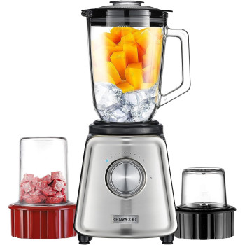 Kenwood Glass Blender 800W Smoothie Blender/Smoothie Maker 1.5L With Glass Grinder Mill, Meat Grinder/Chopper Mill, Ice Crush Function, BLP44.270SS, Silver, 1 Year Warranty