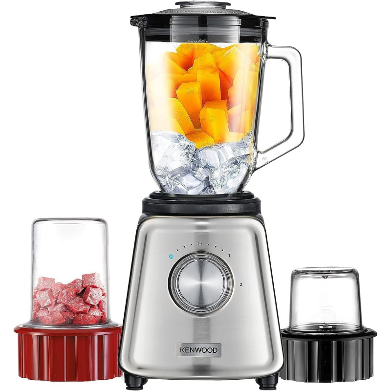 Kenwood Glass Blender 800W Smoothie Blender/Smoothie Maker 1.5L With Glass Grinder Mill, Meat Grinder/Chopper Mill, Ice Crush Function, BLP44.270SS, Silver, 1 Year Warranty