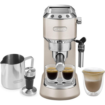 DeLonghi Dedica Metallics Coffee Machine Barista Pump Manual Espresso Coffee Maker With Milk Frother And Barista Kit For Americano, Cappuccino, Latte, Macchiato, Beige, 1 Year Warranty