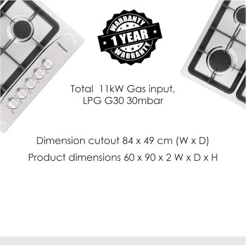 Bompani 90Cm Stainless Steel Gas Hob With Auto Ignition, 5 Gas Burners, Triple Ring Center, Classy Control Panel, Cast Iron Pan Supports, Flame Failure Device, BO293GML, Silver, 1 Year Warranty