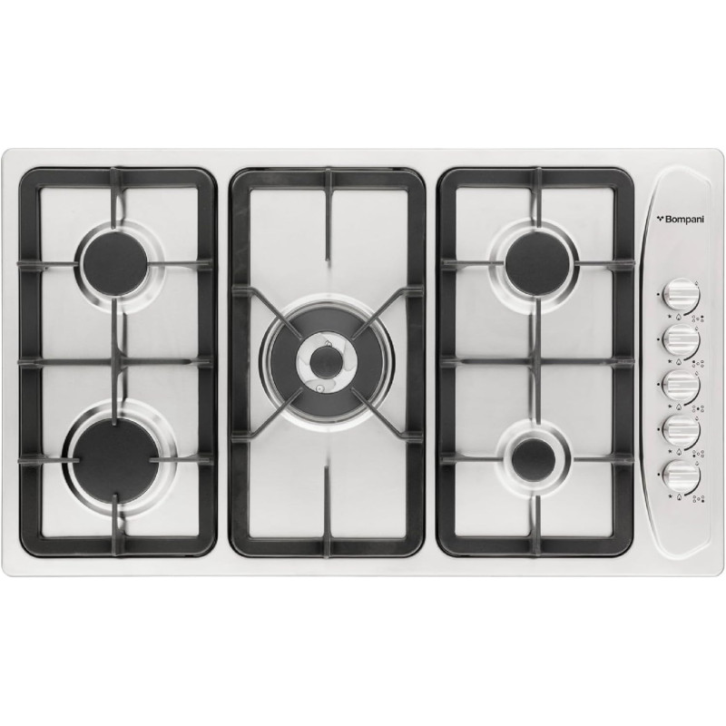 Bompani 90Cm Stainless Steel Gas Hob With Auto Ignition, 5 Gas Burners, Triple Ring Center, Classy Control Panel, Cast Iron Pan Supports, Flame Failure Device, BO293GML, Silver, 1 Year Warranty