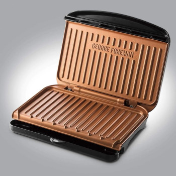 George Foreman Electric Indoor Medium Fit Grill, Versatile Griddle, Hot Plate And Toastie Machine With Improved Non-Stick Coating And Speedy Heat Up, Black And Copper, 1 Year Warranty