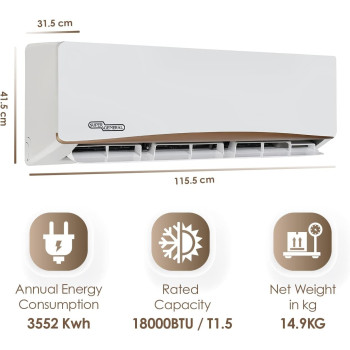 Super General 1.5 Ton Split Air Conditioner, 18000 Btu, Rotary Compressor, Auto Restart, Gold Fin, 4-Way Swing, SGS-195-NE, White, 115.5 X 41.5 X 31.5 Cm, 1 Year Warranty