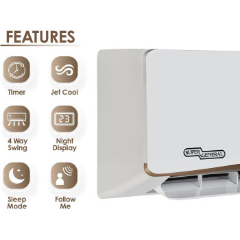 Super General 1.5 Ton Split Air Conditioner, 18000 Btu, Rotary Compressor, Auto Restart, Gold Fin, 4-Way Swing, SGS-195-NE, White, 115.5 X 41.5 X 31.5 Cm, 1 Year Warranty