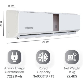 Super General 3 Ton Split Air Conditioner, 36000 Btu, Reciprocating Compressor, Auto Restart, Gold Fin, 4-Way Swing, SGS-370-CE, White, 134 X 45 X 38 Cm, 1 Year Warranty