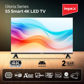 Impex 55 Inch UHD Smart LED TV - Android 9.0, Quad Core Processor, A+ Grade Panel, 4K Ultra HD, E-Share, 2-Year Warranty - HDMI, USB, WiFi, Wall Mount, Super Slim, Smart Energy Saving