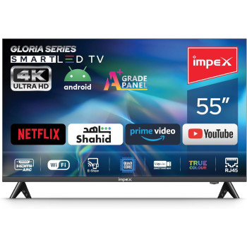 Impex 55 Inch UHD Smart LED TV - Android 9.0, Quad Core Processor, A+ Grade Panel, 4K Ultra HD, E-Share, 2-Year Warranty - HDMI, USB, WiFi, Wall Mount, Super Slim, Smart Energy Saving