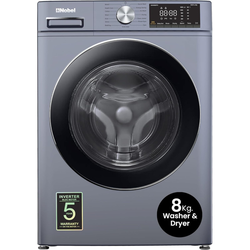 Nobel 8 Kg Front Load, 5 Kg Drying Capacity With 100% Dry Fully Automatic, 1400 Rpm, Led Display, Bldc Inverter Motor, Washer-Dryer Combo 60 X 52 X 84.7 Cm, Dark Silver, NWM860FS, 1 Year Warranty