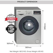 Bompani 7Kg Front Load Washer Advanced Features, Eco-Friendly, 15 Programs, 1200Rpm, Stainless Steel Tub, Turkish Design, BI2877, Silver, 1 Year Warranty