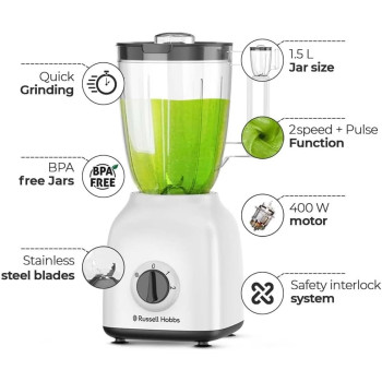 Russell Hobbs Blender 400W, Grinder And Chopper, 1.5L Smoothie Maker, 2 Speeds, For Coffee, Spices And Nuts, White, 1 Year Warranty