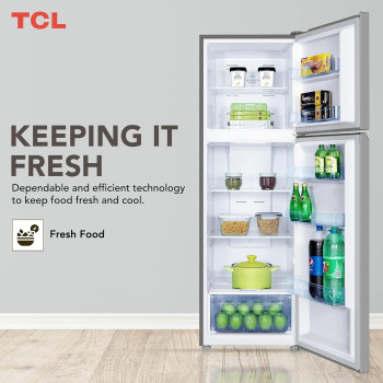 Tcl 324 Litre Double Door Refrigerator, No Frost, Freeze, Humidity Crisper Control, Holiday Function, Led Light, Inox Finish, P324TMN, 1 Year Warranty