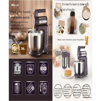 Bear 3L Electric Stand Mixer For Baking, Food Processor With Stainless Steel Bowl 300W Handheld 2 Gear 10 Speed Automatic Egg Beater Dough Cream Maker Mixer Machine For Kitchen, 1 Year Warranty