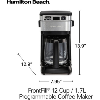 Hamilton Beach Frontfill 12 Cup Programmable Coffee Maker, 1.7L Glass Carafe, 950W, 3 Brewing Options, Reusable Mesh Filter, Clean Reminder, Auto Shut Off, 46310-ME, 1 Year Warranty