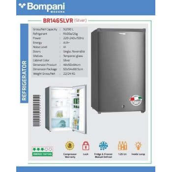 Bompani 92 Litter Single Door Refrigerator Defrost Fridge Freezer With Smart Sensor And Humidity Control, BR146SLVR, Silver, 1 Year Warranty
