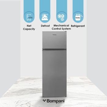 Bompani 240 Litter Top Mount Double Door Refrigerator Defrost Fridge Freezer With Smart Sensor And Humidity Control, BR240SS, Dark Silver, 1 Year Warranty