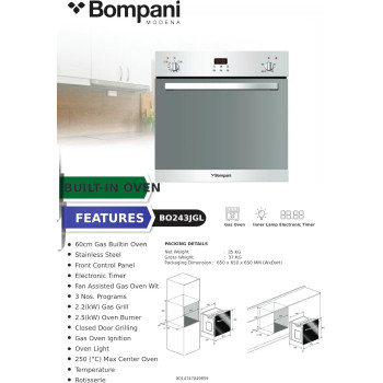 Bompani 60Cm Stainless Steel Gas Built-In Oven With Turbo Fan, Front Control Panel, Electronic Timer, And Fan Assisted Gas Oven With 3 Programs, BO243JGL, Silver, 1 Year Warranty