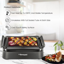 Bompani Indoor Smokeless Grill With Infrared Technology, Fast 230 C Heat, Sealed Tube Design, Even Convection, Cool-Touch Safety, User-Friendly, Quick Clean, Premium Performance, BBQ007, Black, 1 Year Warranty