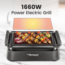 Bompani Indoor Smokeless Grill With Infrared Technology, Fast 230 C Heat, Sealed Tube Design, Even Convection, Cool-Touch Safety, User-Friendly, Quick Clean, Premium Performance, BBQ007, Black, 1 Year Warranty