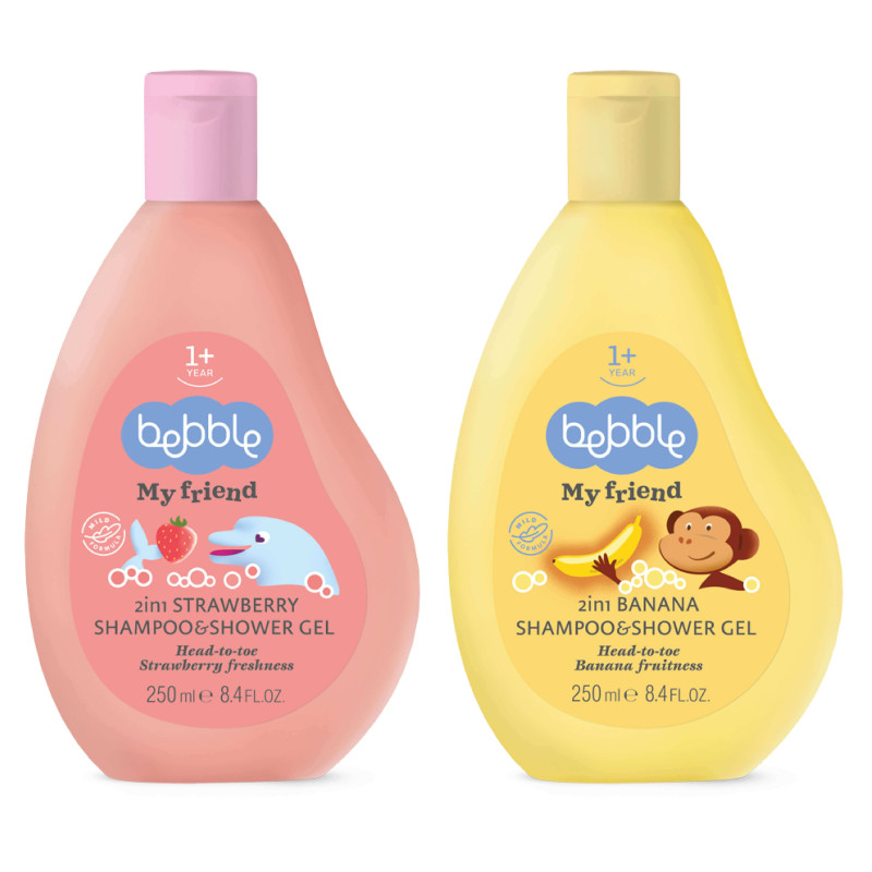 Bebble Duo Set, 2-In-1 Banana Shampoo And Shower Gel Plush 2-In-1 Strawberry Shampoo And Shower Gel, Pack Of 2, 250Ml Each