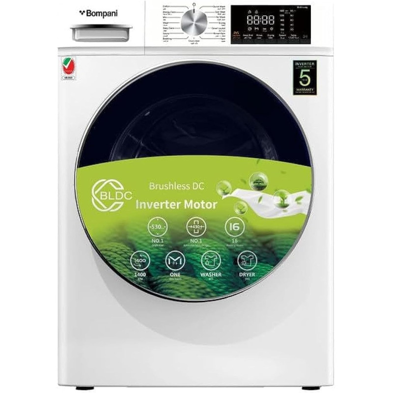 Bompani Washer And Dryer With 8 Kg Washing Capacity, 5 Kg Drying Capacity, Classic Panel Design, Large LED Display, BLDC Inverter Motor, BO5289N, White, 1 Year Warranty