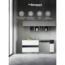 Bompani 15 Place Setting Dishwasher, Premium Inox Finish, Turbo Fan, 8 Programs, LED Display, Overflow Protection, BO5021ST, Silver, 1 Year Warranty